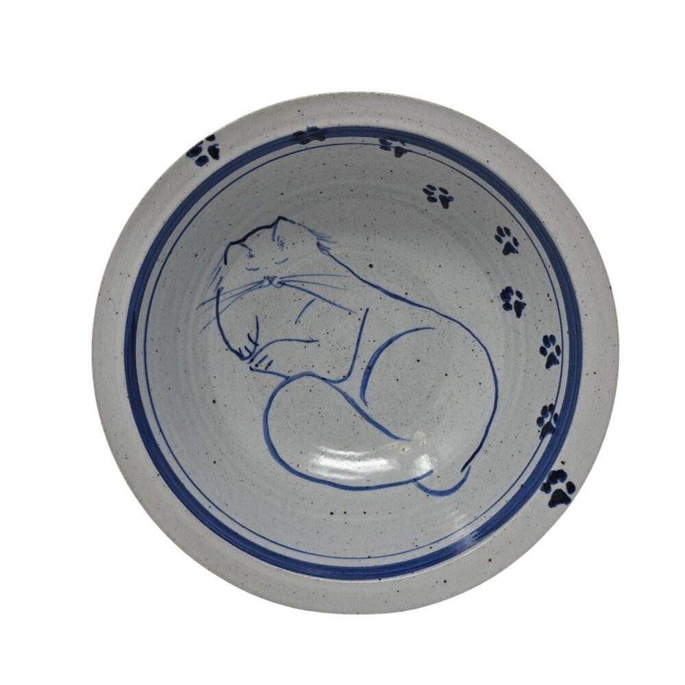 Handmade Pottery Bowl Cat Design Artisan Stoneware Unknown Mark